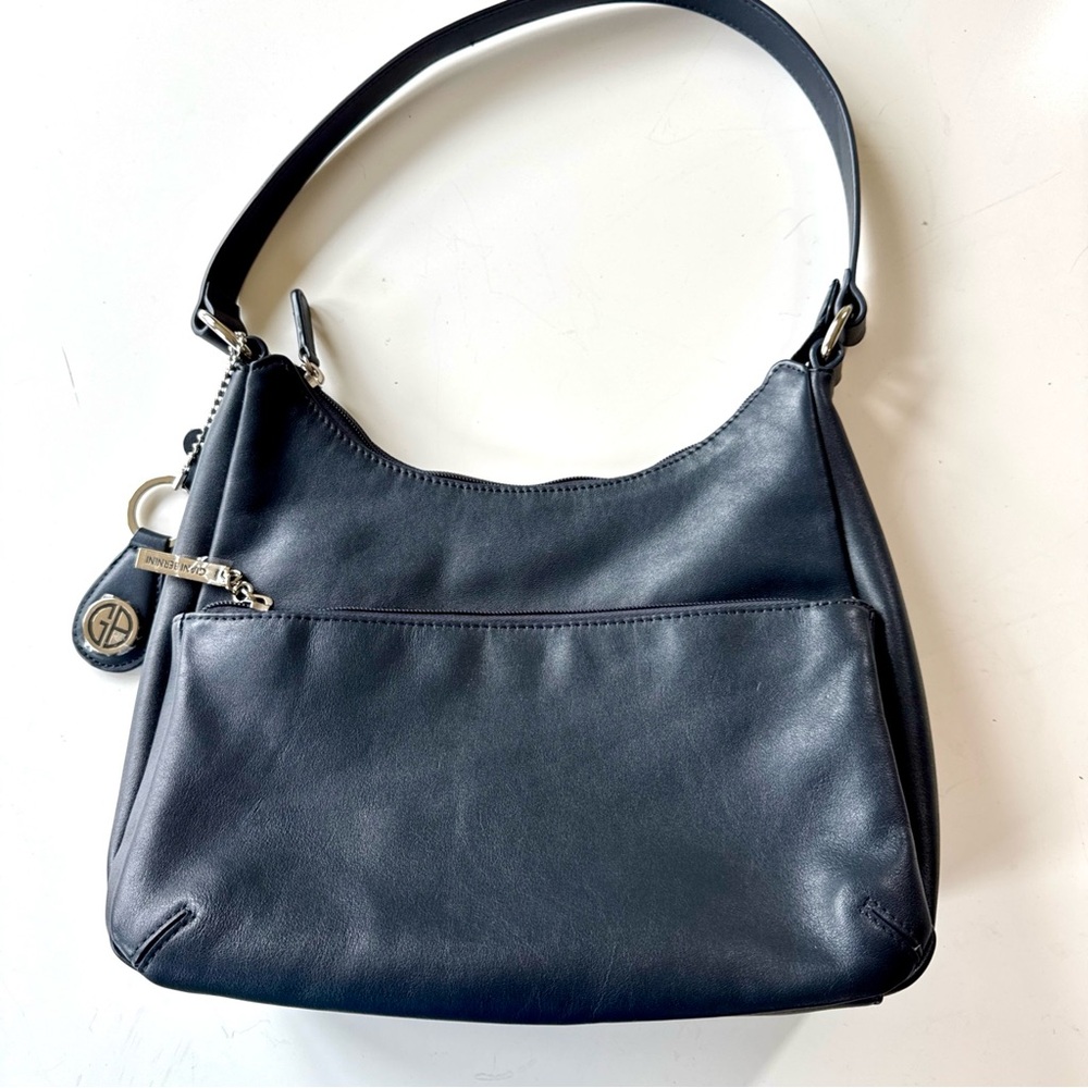 Giani Bernini Nappa Leather Hobo Navy Shoulder Zip Top Handbag Bag Silver Purse